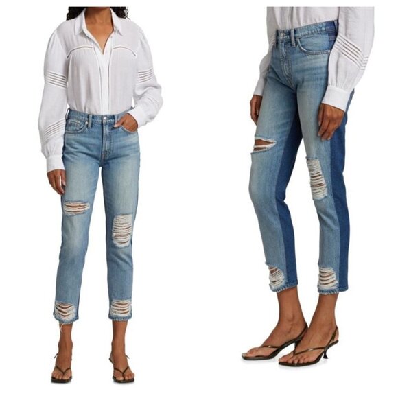 7 For All Mankind Distressed Two Tone Straight Jeans Seaward Blue Womens 25 - Picture 1 of 15